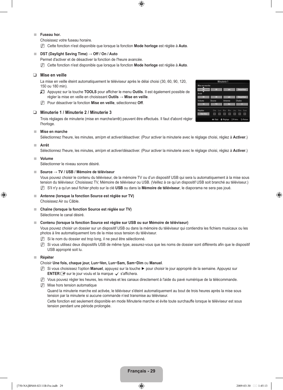 Français - 29, Mise en veille, Minuterie 1 / minuterie 2 / minuterie | Samsung LN40B750U1FXZA User Manual | Page 228 / 290