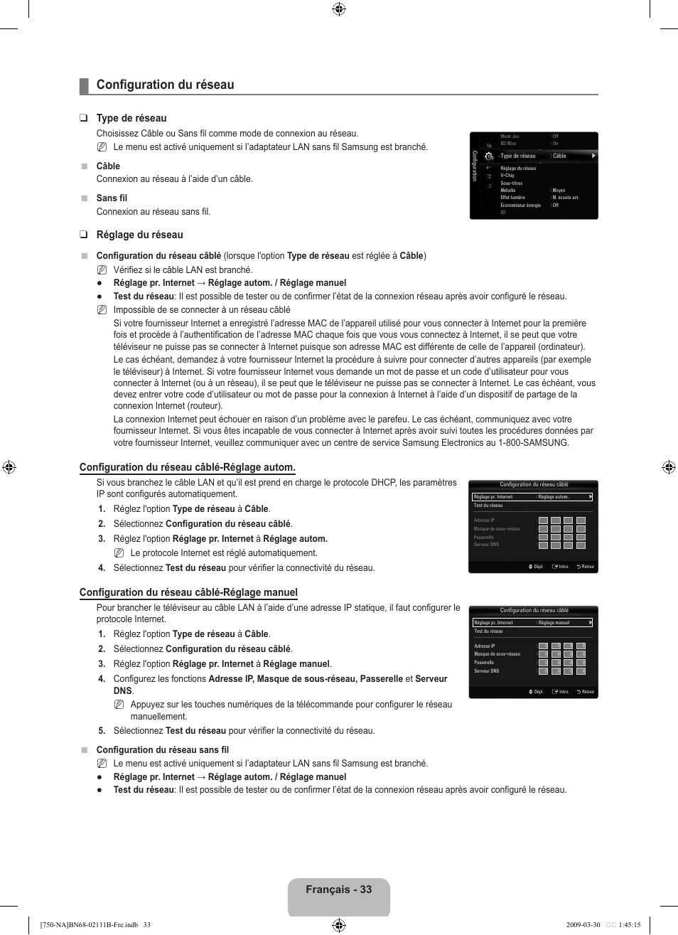 Configuration du réseau, Français, Type de réseau | Réglage du réseau, Configuration du réseau câblé-réglage autom, Configuration du réseau câblé-réglage manuel, N● ● n n n | Samsung LN40B750U1FXZA User Manual | Page 232 / 290