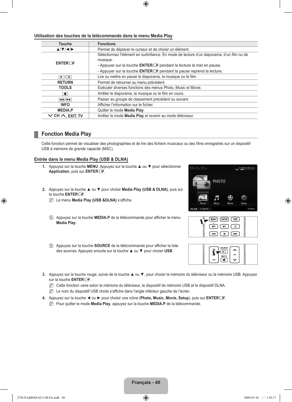 Fonction media play | Samsung LN40B750U1FXZA User Manual | Page 239 / 290