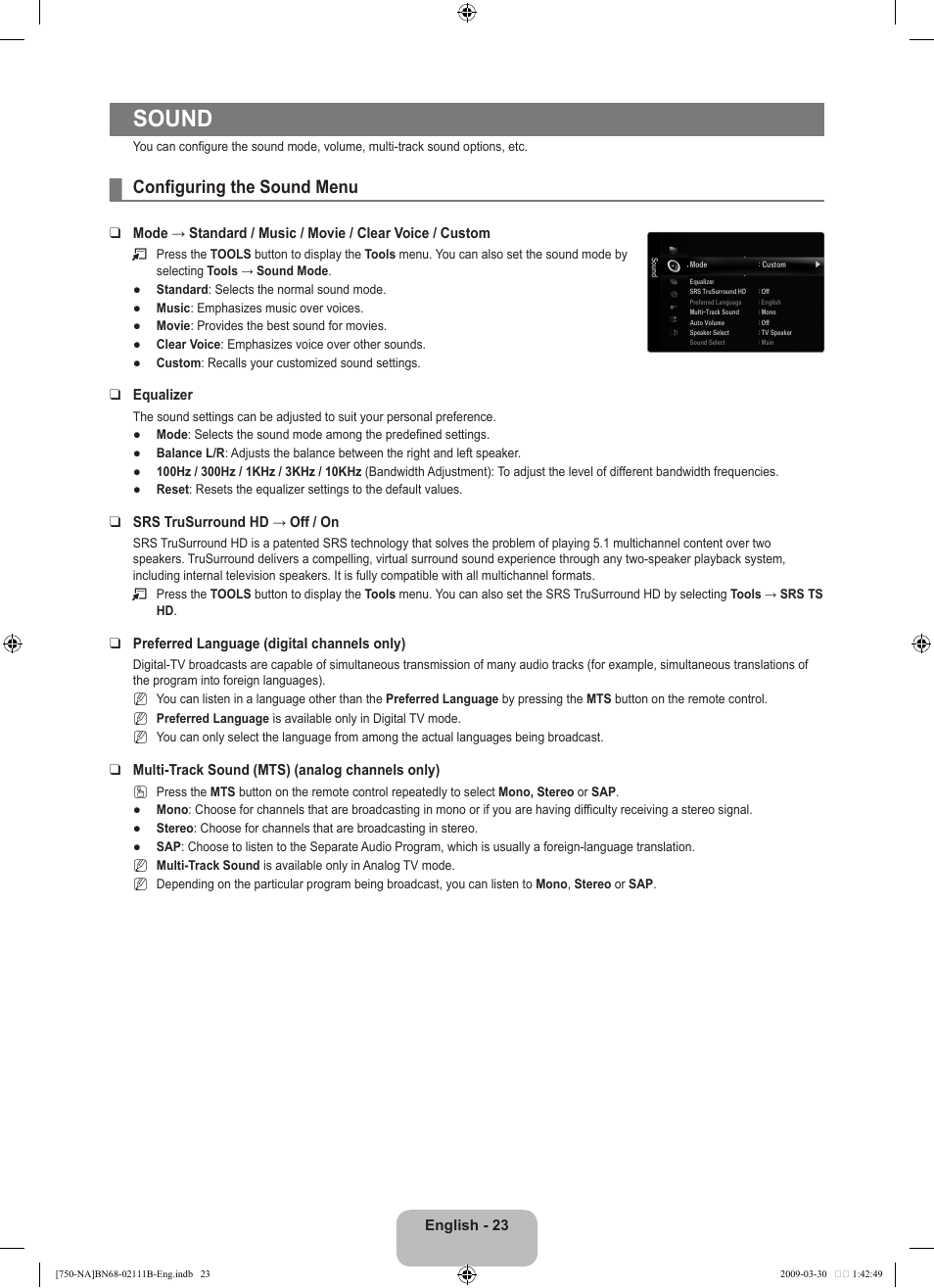 Sound, Configuring the sound menu | Samsung LN40B750U1FXZA User Manual | Page 25 / 290