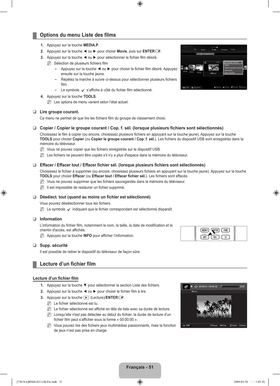 Options du menu liste des films, Lecture d’un fichier film, Français - 1 | Lire groupe courant, Information, Supp. sécurité | Samsung LN40B750U1FXZA User Manual | Page 250 / 290