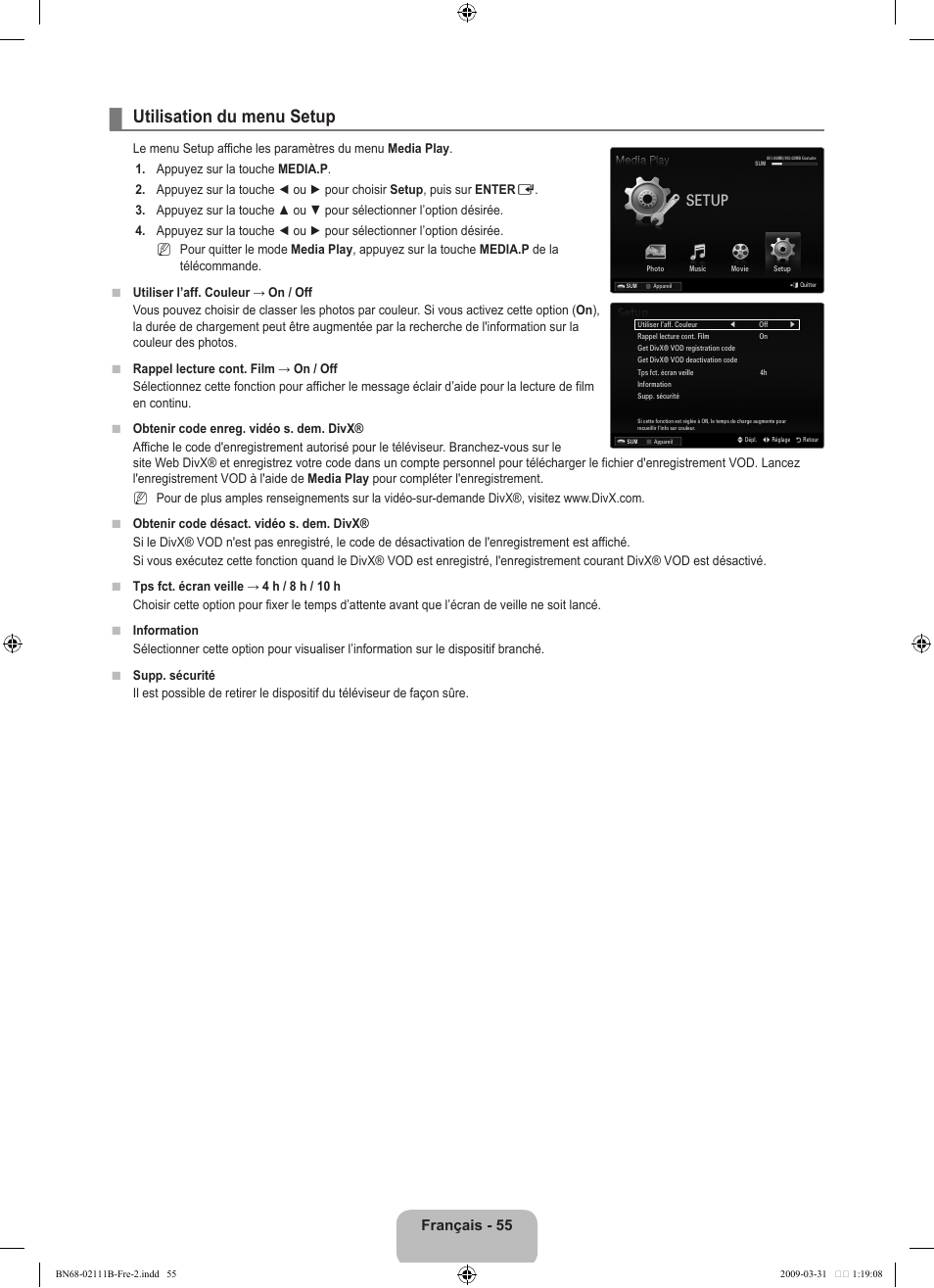 Utilisation du menu setup, Setup, Français - 55 | Samsung LN40B750U1FXZA User Manual | Page 254 / 290