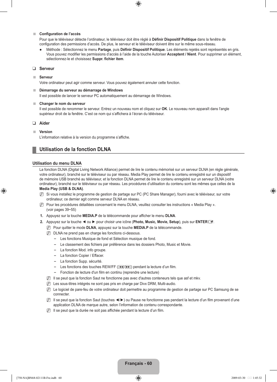 Utilisation de la fonction dlna | Samsung LN40B750U1FXZA User Manual | Page 259 / 290