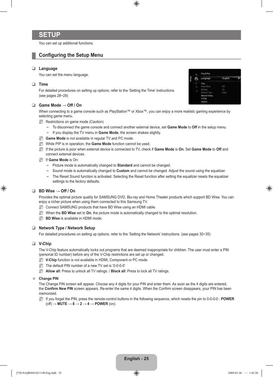 Setup, Configuring the setup menu | Samsung LN40B750U1FXZA User Manual | Page 27 / 290