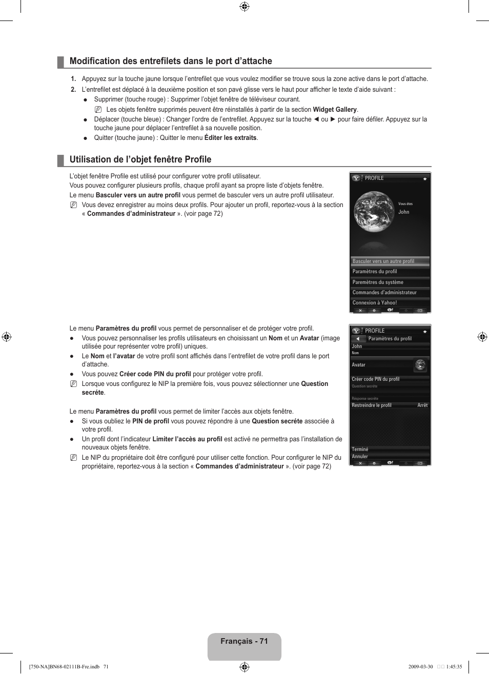 Utilisation de l’objet fenêtre profile | Samsung LN40B750U1FXZA User Manual | Page 270 / 290