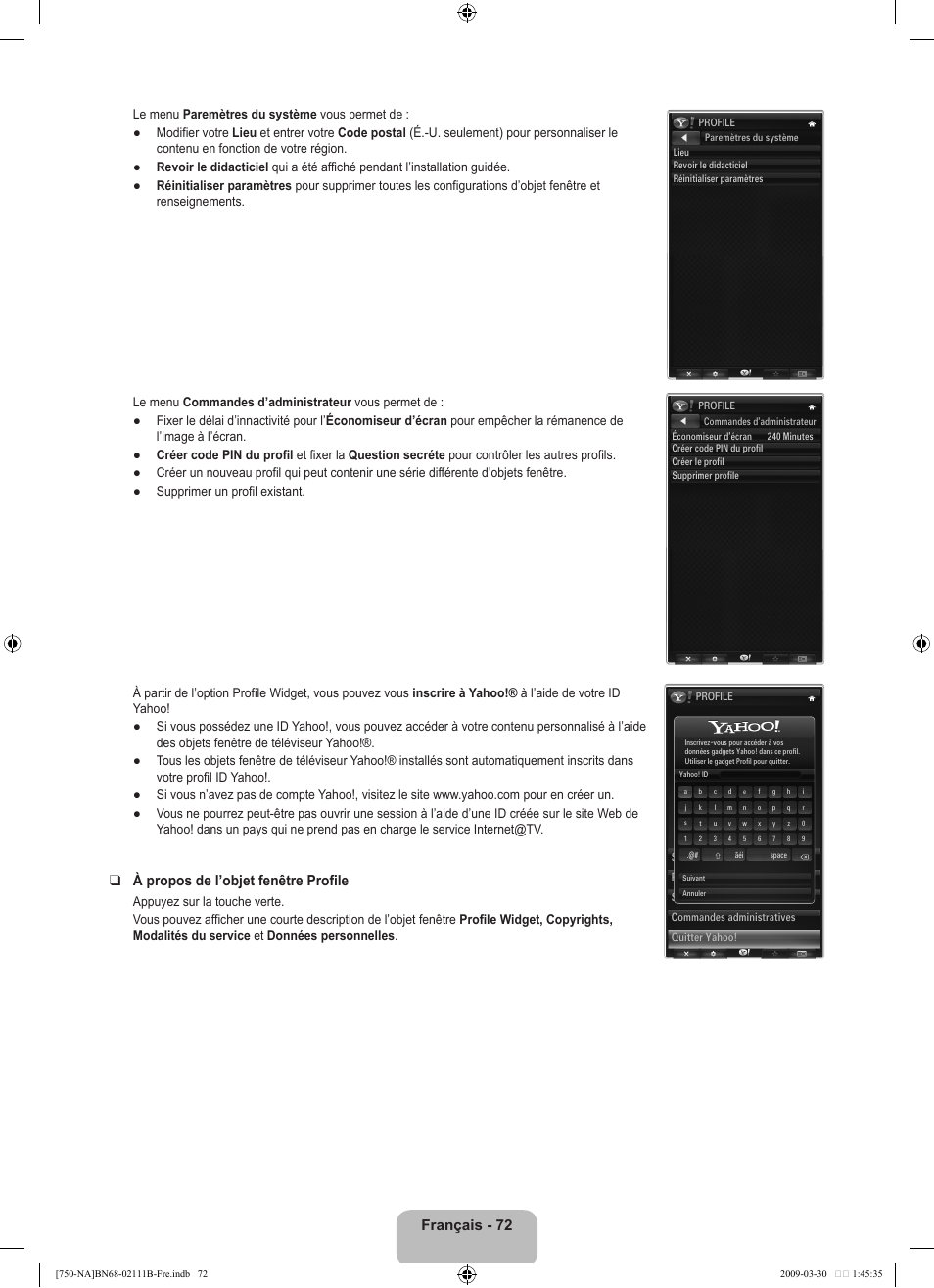 Français - 72, À propos de l’objet fenêtre profile | Samsung LN40B750U1FXZA User Manual | Page 271 / 290