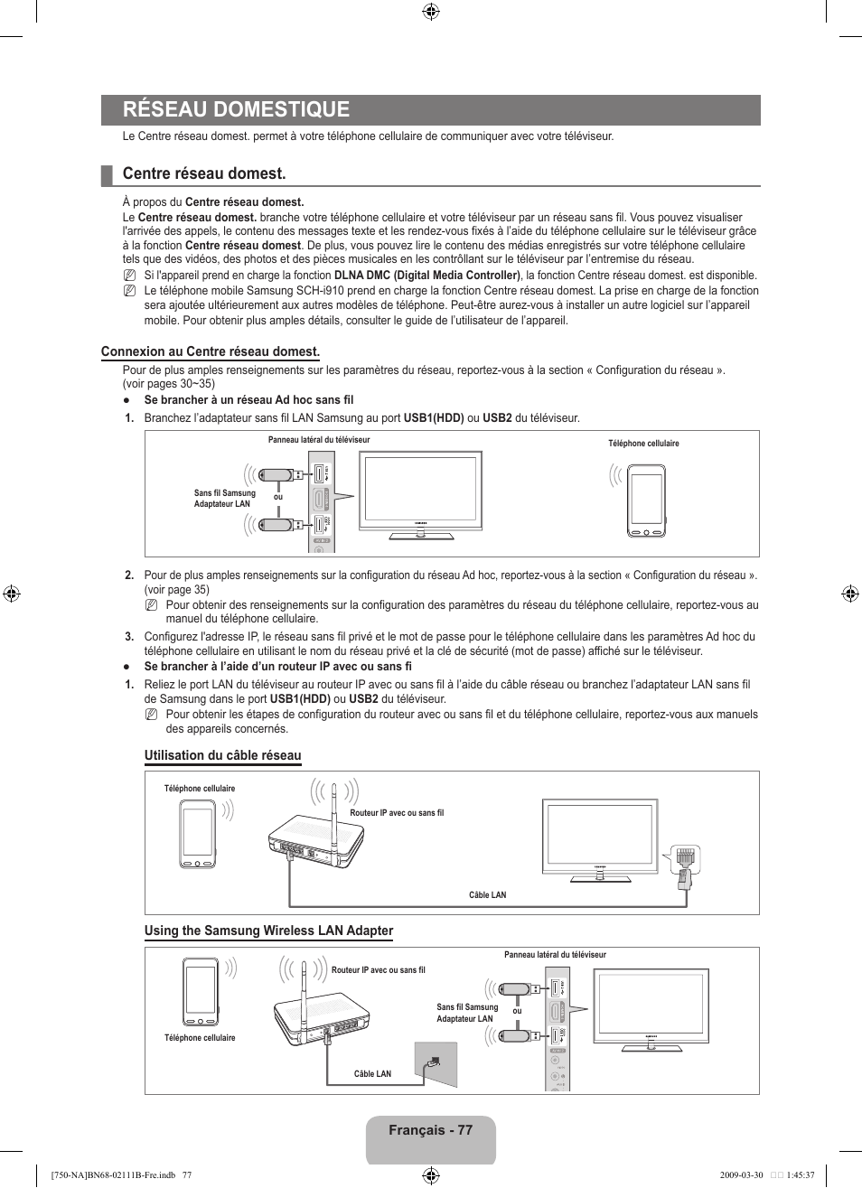 Réseau domestique, Centre réseau domest | Samsung LN40B750U1FXZA User Manual | Page 276 / 290