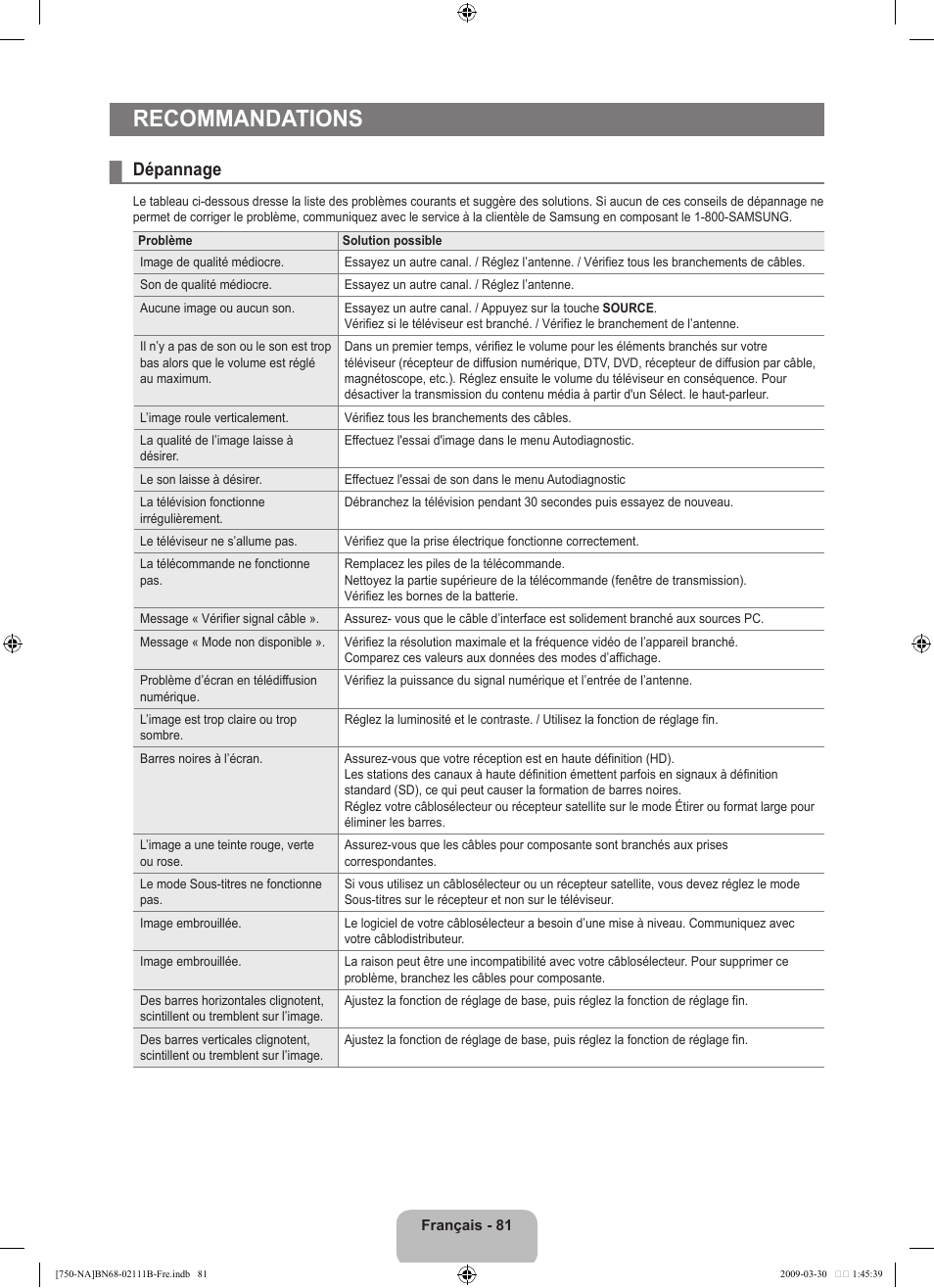 Recommandations, Dépannage | Samsung LN40B750U1FXZA User Manual | Page 280 / 290