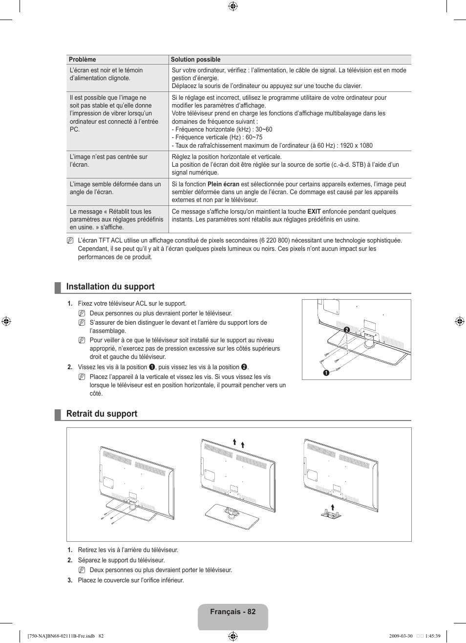 Installation du support, Retrait du support | Samsung LN40B750U1FXZA User Manual | Page 281 / 290