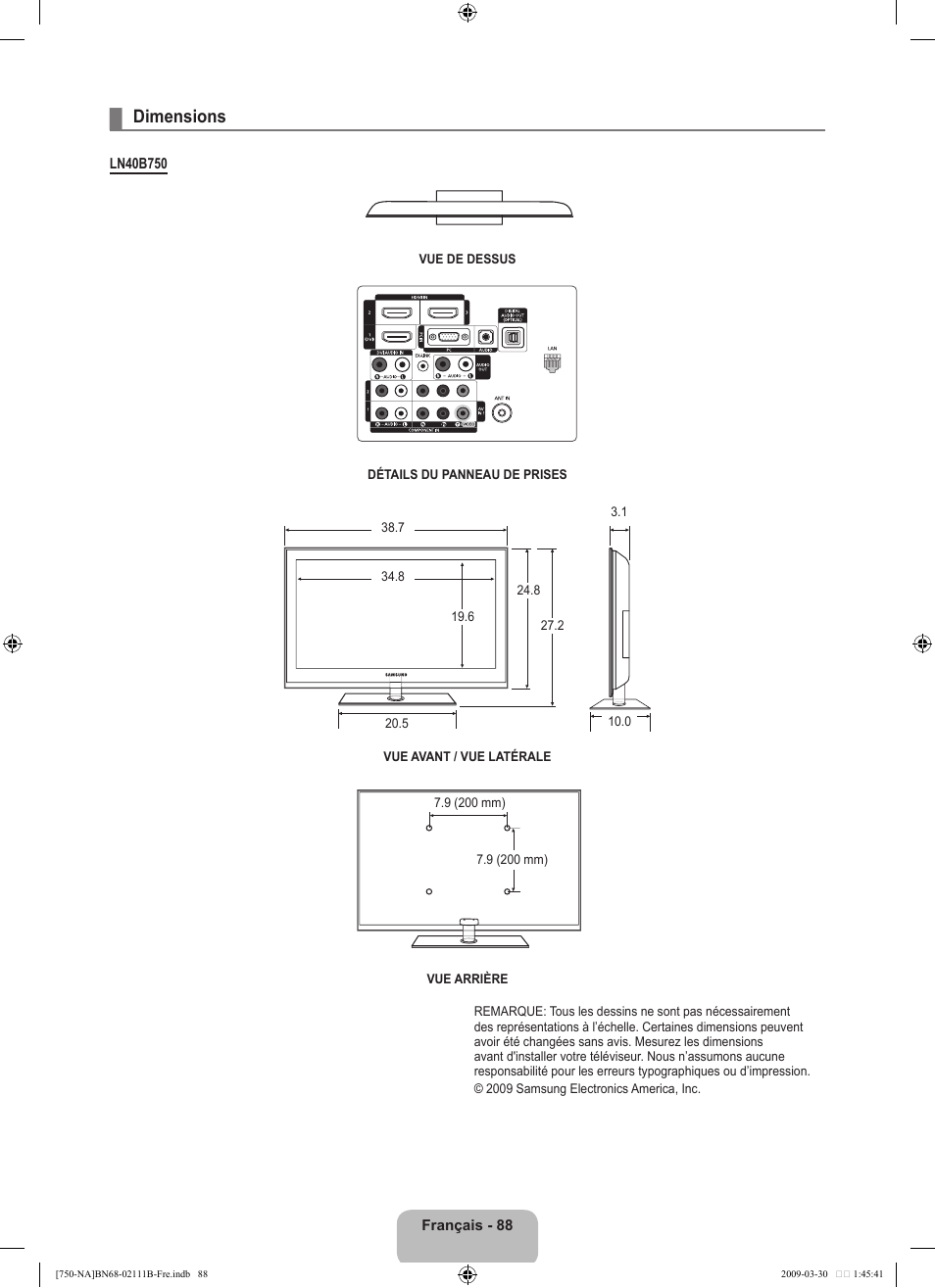 Dimensions | Samsung LN40B750U1FXZA User Manual | Page 287 / 290