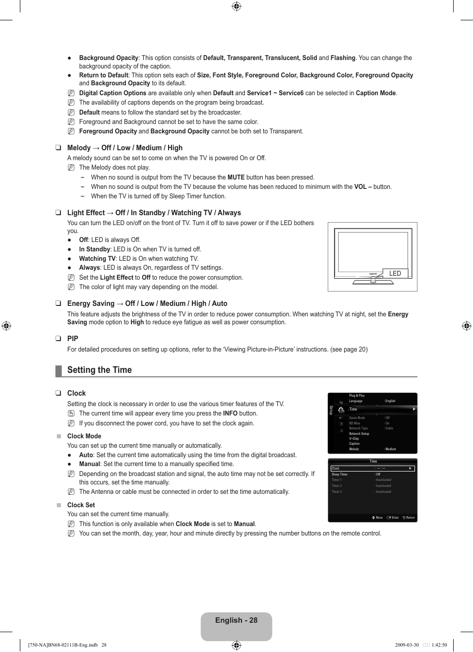 Setting the time, English - 28, Melody → off / low / medium / high | Energy saving → off / low / medium / high / auto, Clock | Samsung LN40B750U1FXZA User Manual | Page 30 / 290