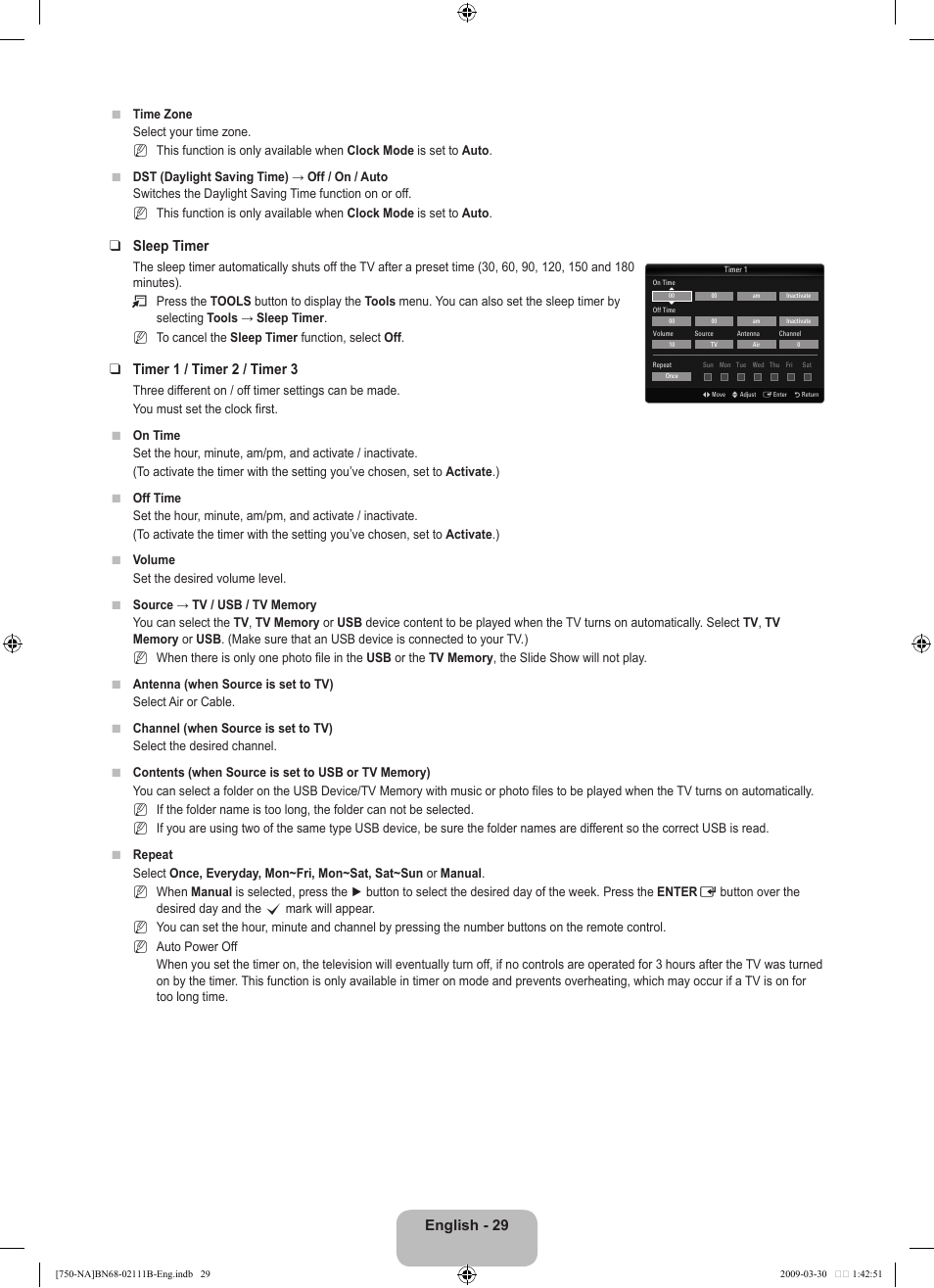 English - 29, Sleep timer, Timer 1 / timer 2 / timer | Samsung LN40B750U1FXZA User Manual | Page 31 / 290