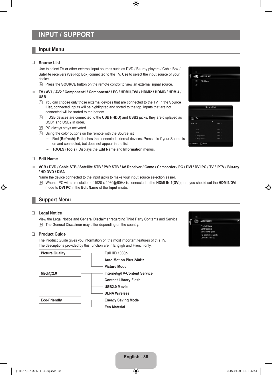 Input / support, Input menu, Support menu | Samsung LN40B750U1FXZA User Manual | Page 38 / 290