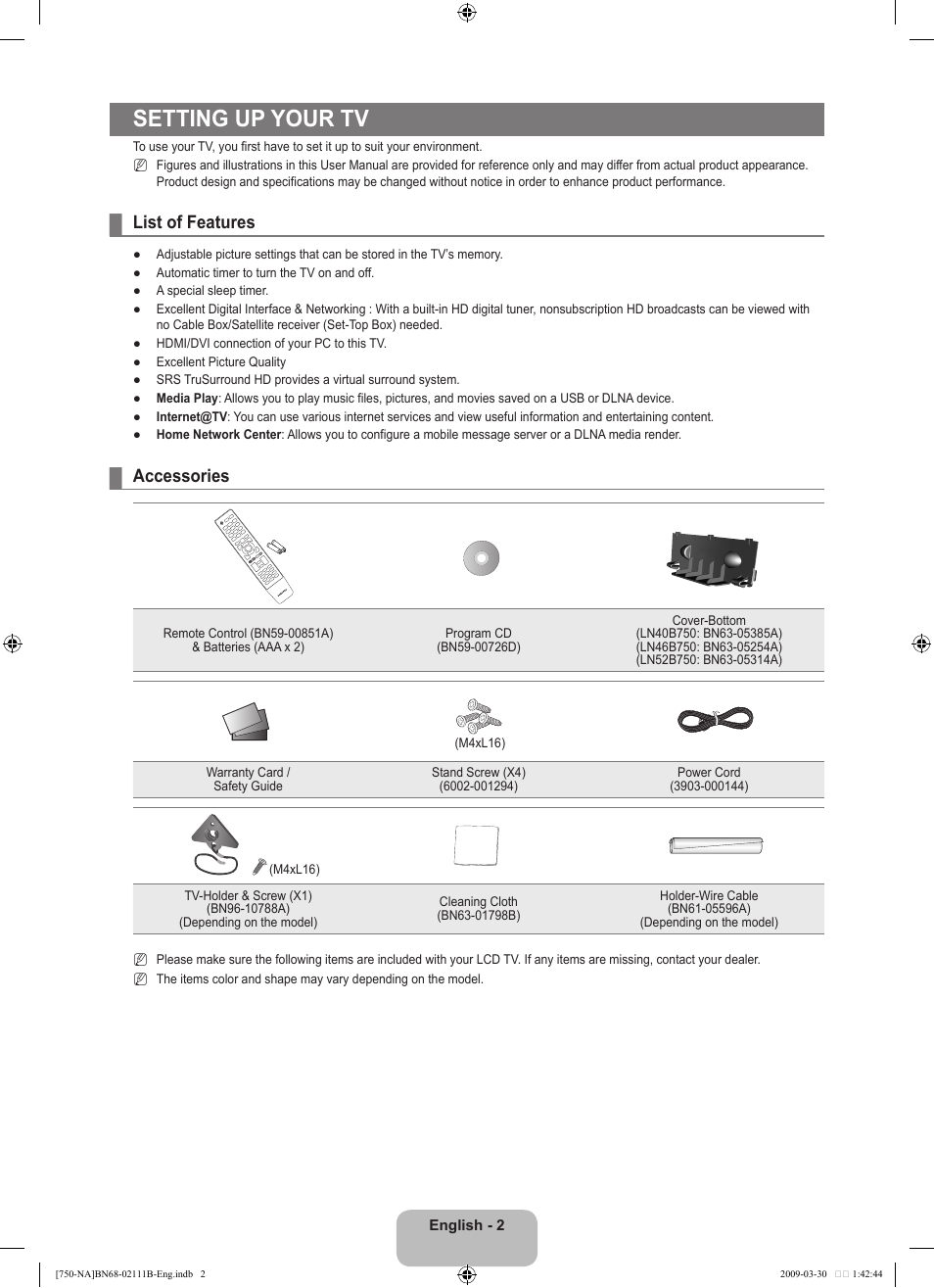 Setting up your tv, List of features, Accessories | Samsung LN40B750U1FXZA User Manual | Page 4 / 290