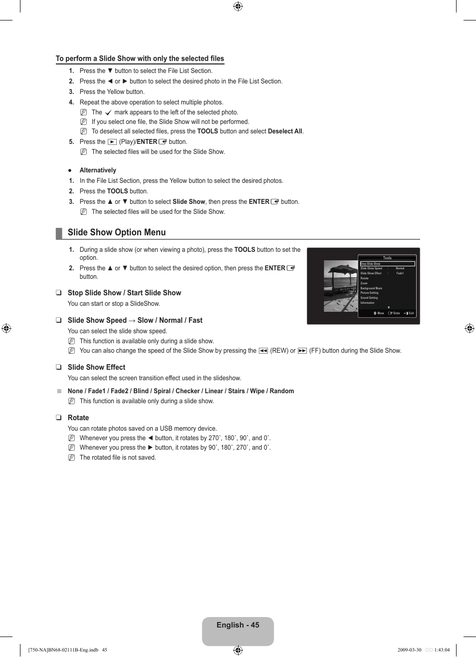 Slide show option menu | Samsung LN40B750U1FXZA User Manual | Page 47 / 290