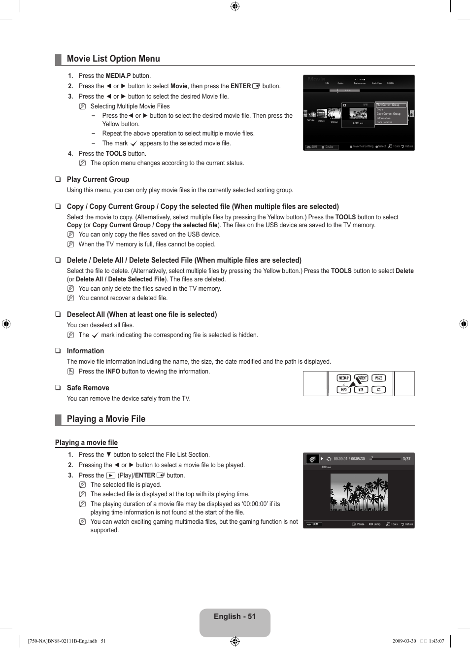 Movie list option menu, Playing a movie file, English - 1 | Play current group, Deselect all (when at least one file is selected), Information, Safe remove | Samsung LN40B750U1FXZA User Manual | Page 53 / 290