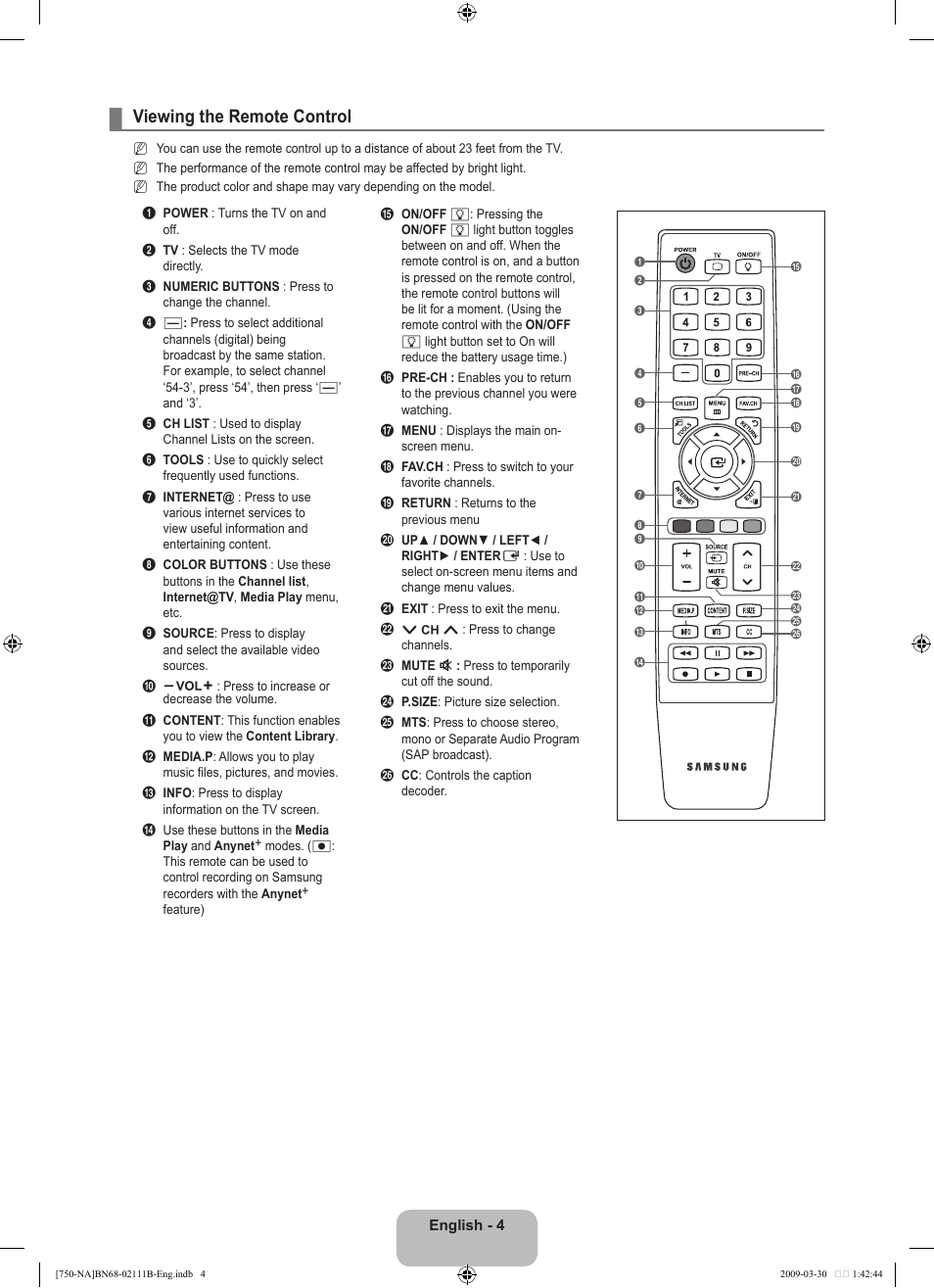 Viewing the remote control | Samsung LN40B750U1FXZA User Manual | Page 6 / 290