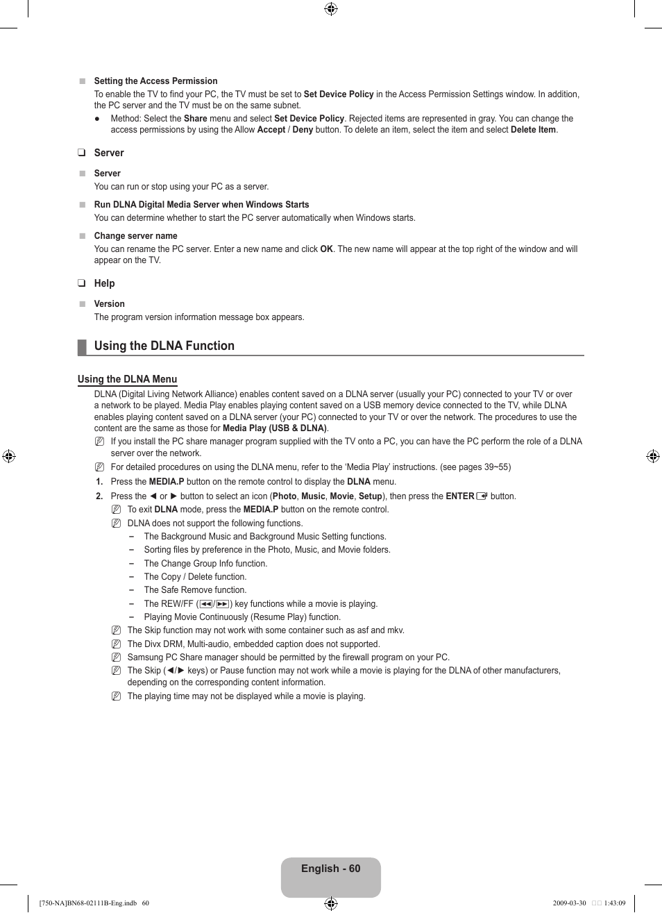 Using the dlna function | Samsung LN40B750U1FXZA User Manual | Page 62 / 290