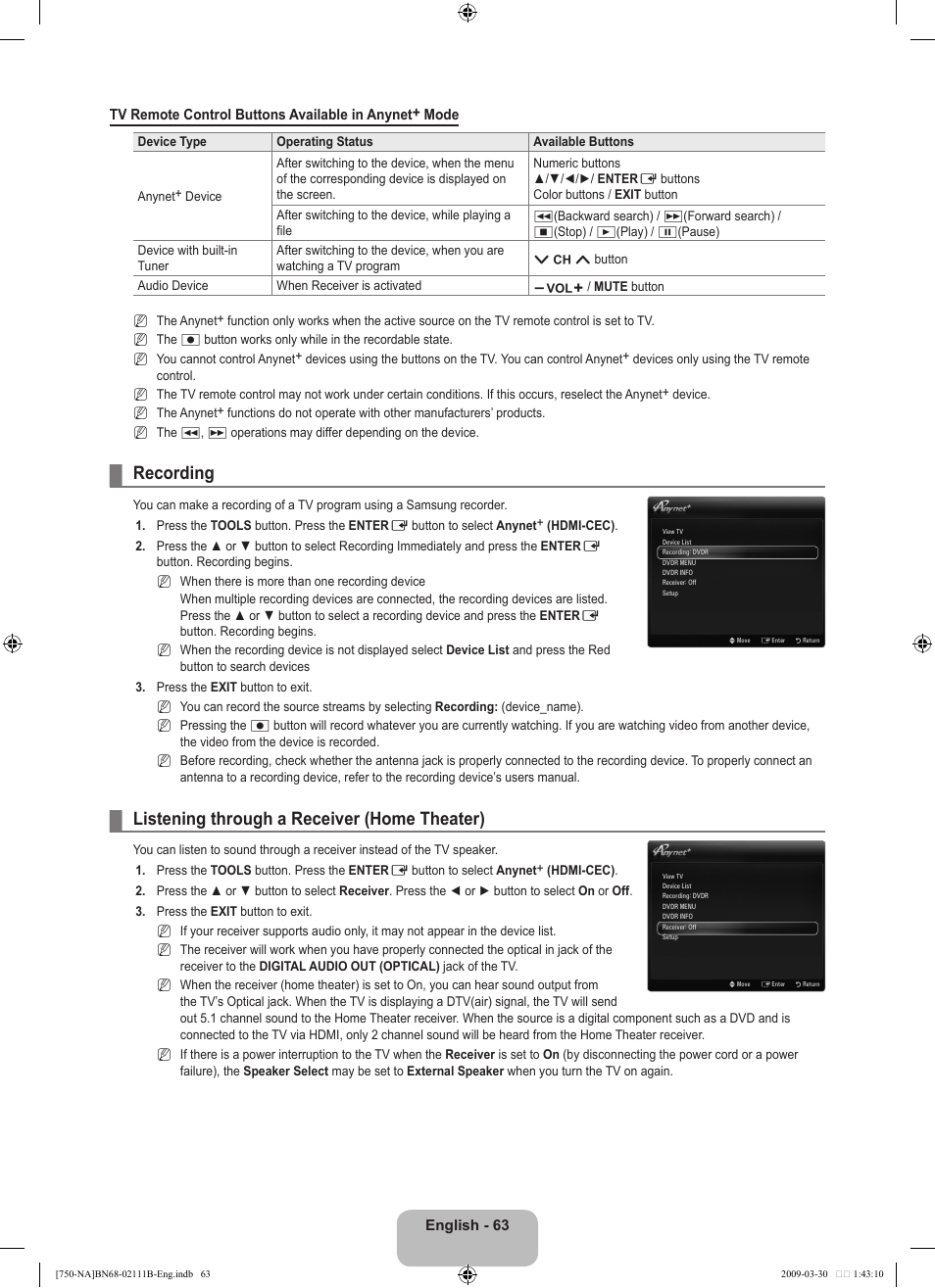 Recording, Listening through a receiver (home theater) | Samsung LN40B750U1FXZA User Manual | Page 65 / 290