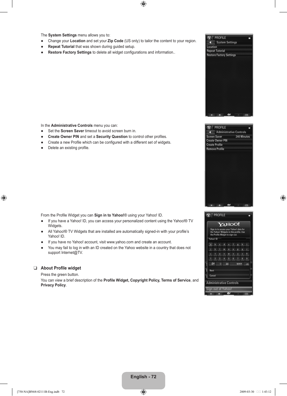 English - 72, About profile widget | Samsung LN40B750U1FXZA User Manual | Page 74 / 290