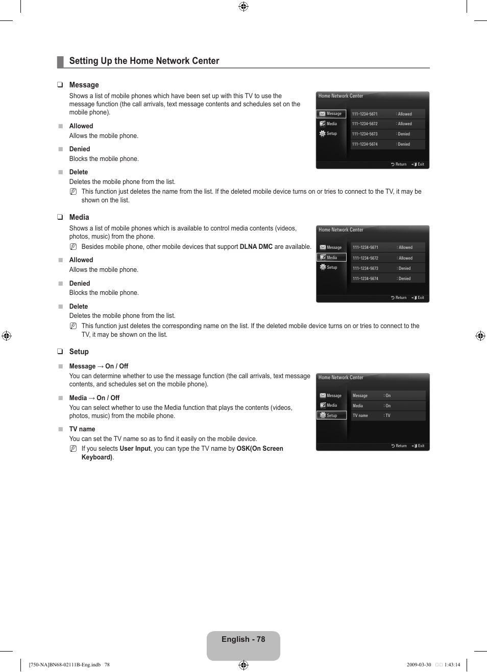 Setting up the home network center, English - 78, Message | Media, Setup | Samsung LN40B750U1FXZA User Manual | Page 80 / 290