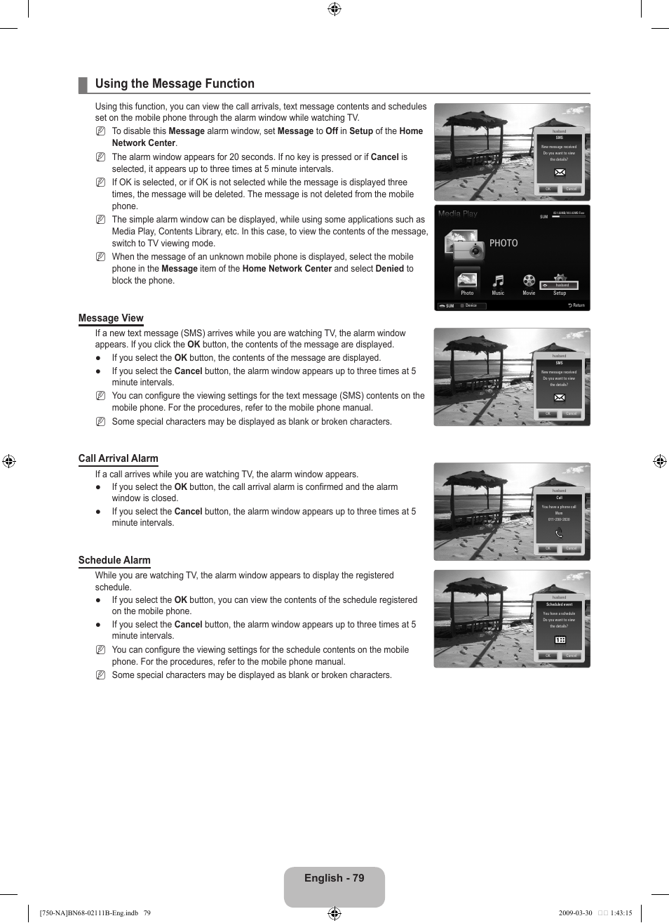 Using the message function, English - 79, Message view | Call arrival alarm, Schedule alarm, Photo | Samsung LN40B750U1FXZA User Manual | Page 81 / 290