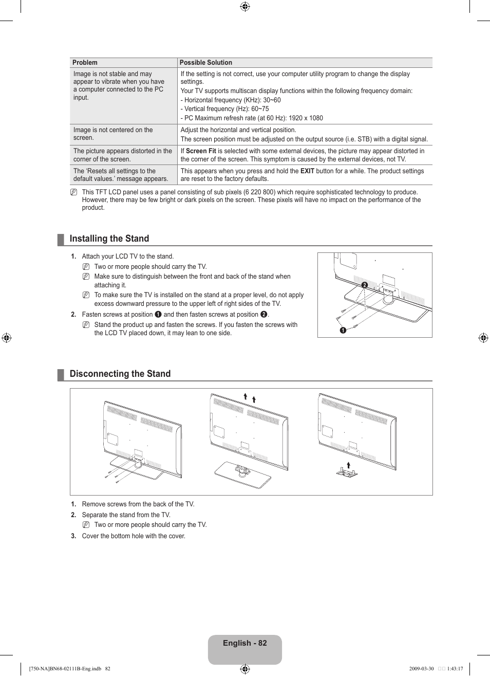 Installing the stand, Disconnecting the stand | Samsung LN40B750U1FXZA User Manual | Page 84 / 290