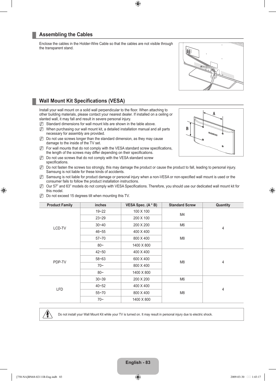 Assembling the cables, Wall mount kit specifications (vesa) | Samsung LN40B750U1FXZA User Manual | Page 85 / 290