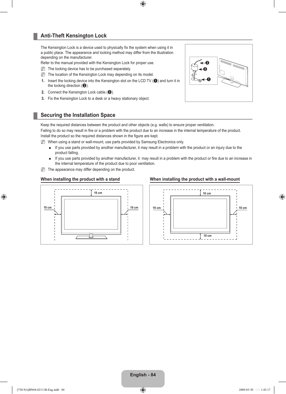 Anti-theft kensington lock, Securing the installation space | Samsung LN40B750U1FXZA User Manual | Page 86 / 290