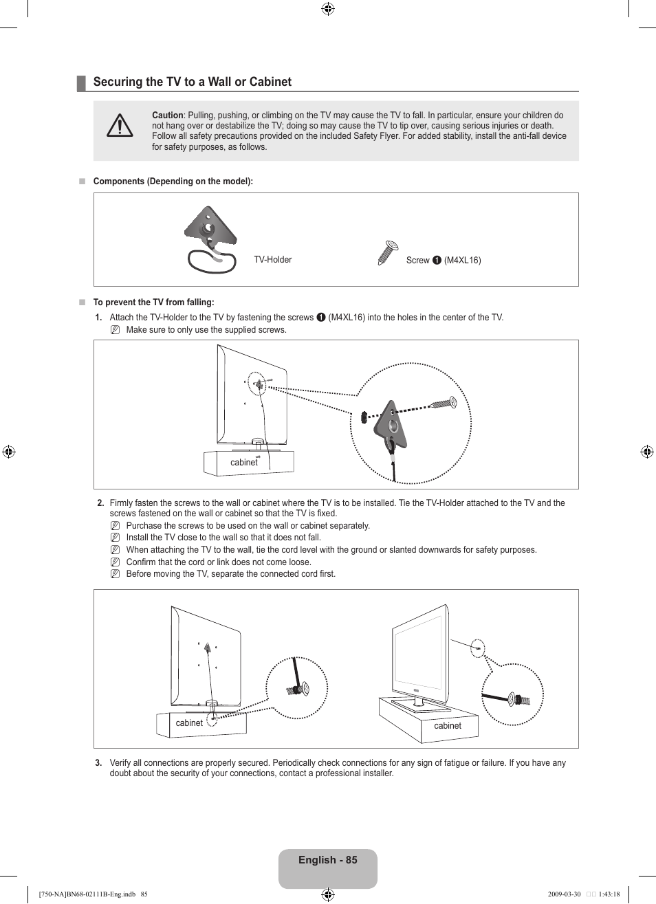 Securing the tv to a wall or cabinet | Samsung LN40B750U1FXZA User Manual | Page 87 / 290