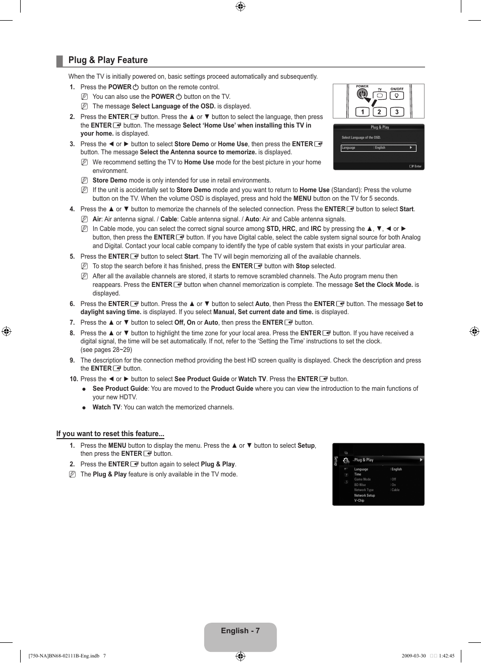 Plug & play feature | Samsung LN40B750U1FXZA User Manual | Page 9 / 290