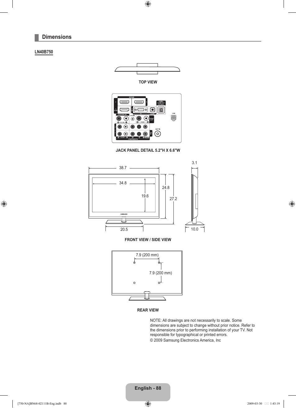 Dimensions | Samsung LN40B750U1FXZA User Manual | Page 90 / 290