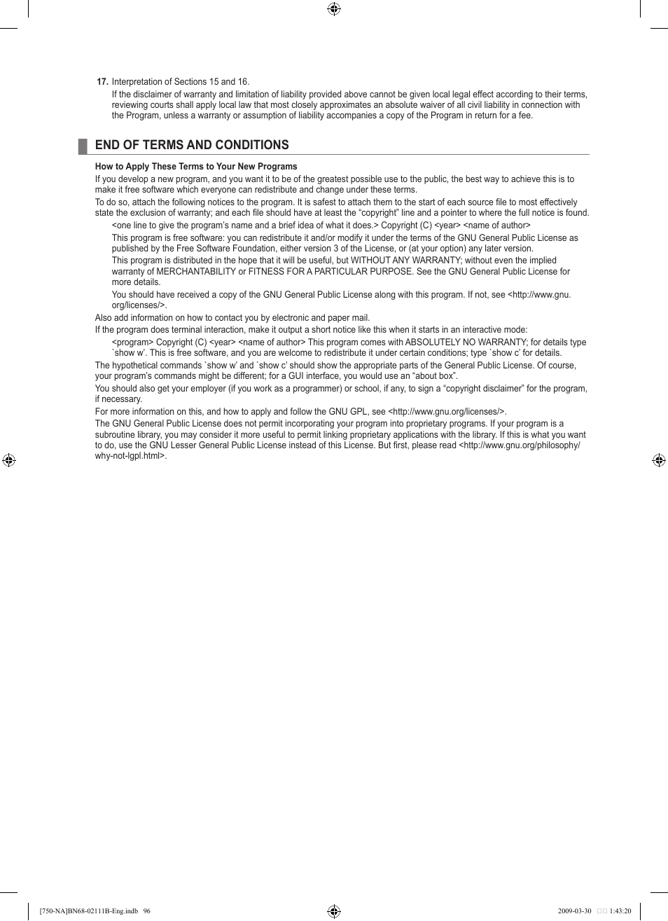 End of terms and conditions | Samsung LN40B750U1FXZA User Manual | Page 98 / 290