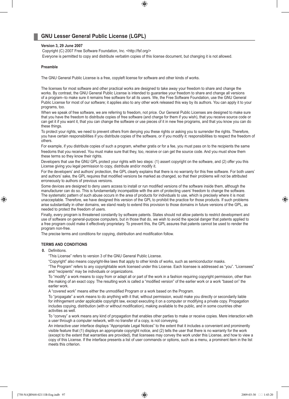 Gnu lesser general public license (lgpl) | Samsung LN40B750U1FXZA User Manual | Page 99 / 290