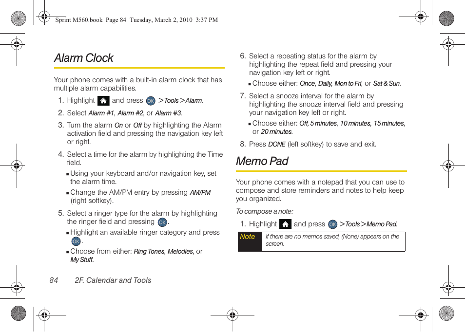 Alarm clock, Memo pad | Samsung SPH-M560BLASPR User Manual | Page 100 / 222