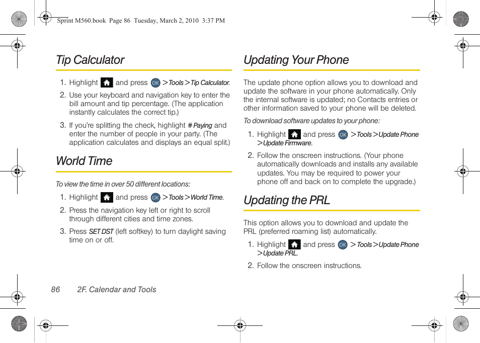 Tip calculator, World time, Updating your phone | Updating the prl | Samsung SPH-M560BLASPR User Manual | Page 102 / 222