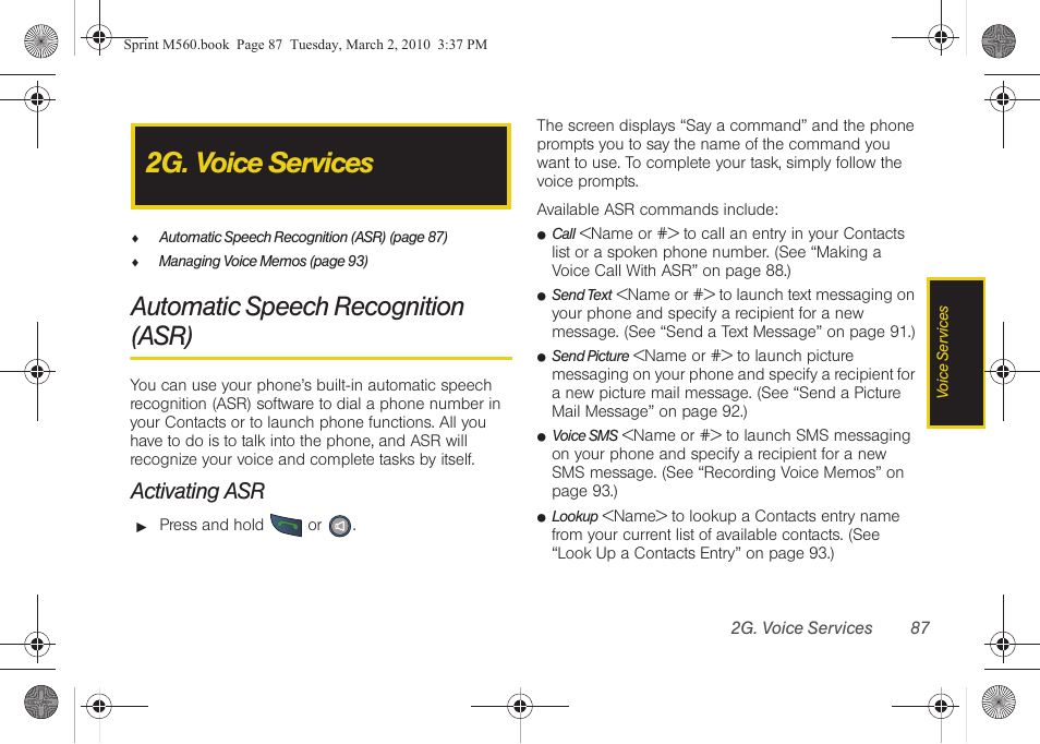 2g. voice services, Automatic speech recognition (asr), Activating asr | Samsung SPH-M560BLASPR User Manual | Page 103 / 222