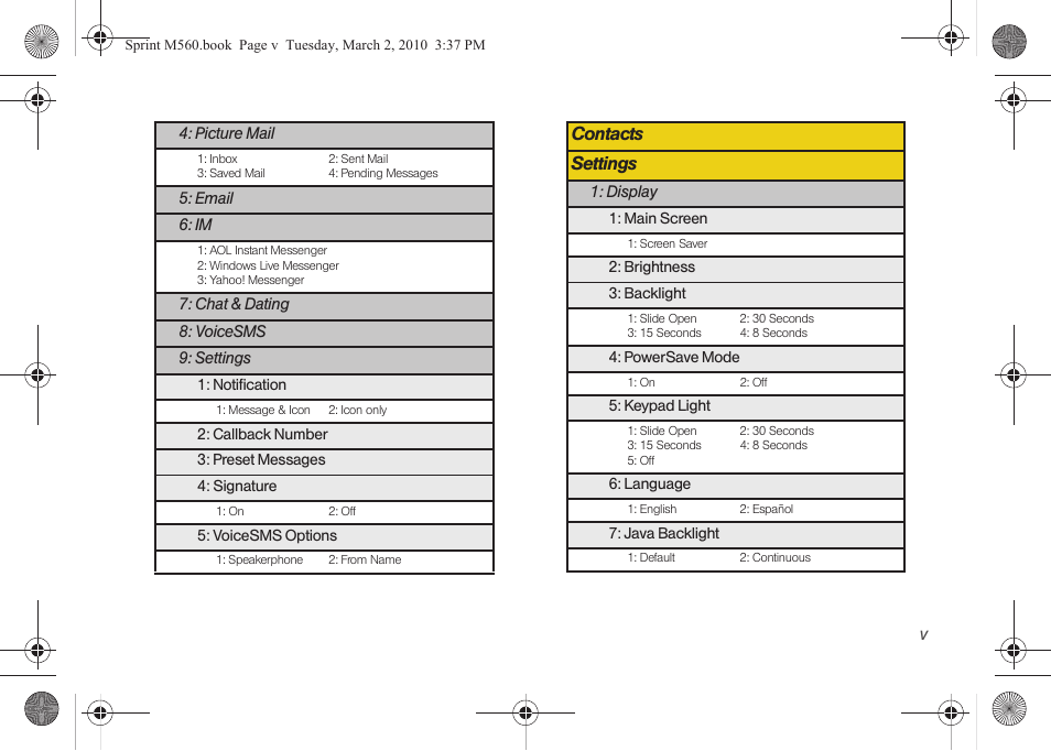 Contacts settings | Samsung SPH-M560BLASPR User Manual | Page 11 / 222