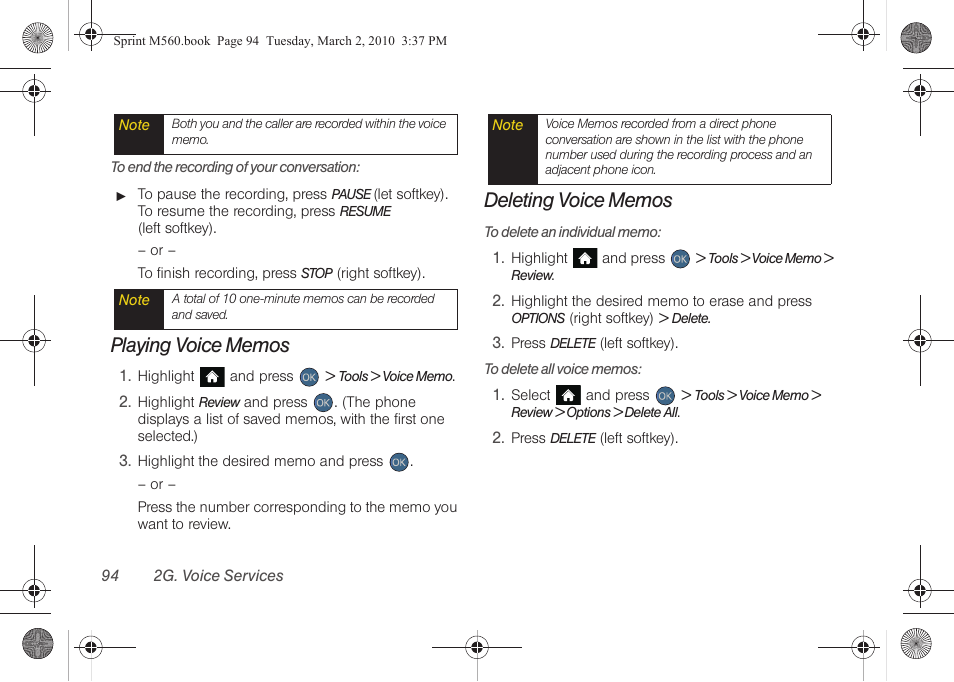 Playing voice memos, Deleting voice memos | Samsung SPH-M560BLASPR User Manual | Page 110 / 222