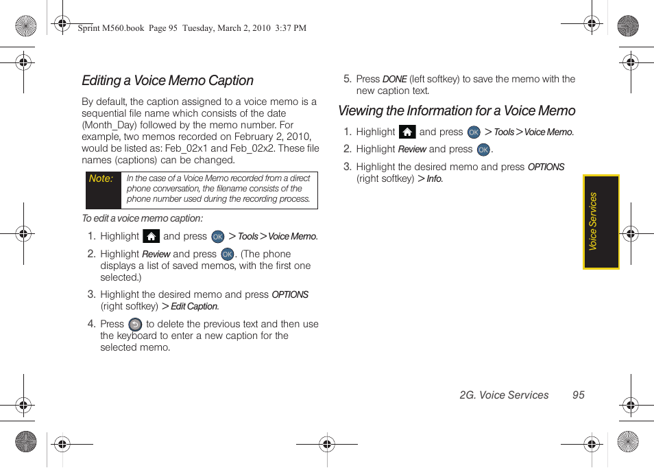 Editing a voice memo caption, Viewing the information for a voice memo | Samsung SPH-M560BLASPR User Manual | Page 111 / 222