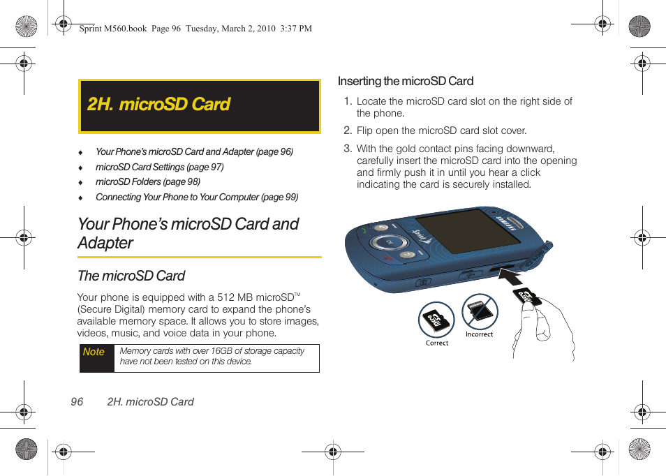 2h. microsd card, Your phone’s microsd card and adapter, The microsd card | Samsung SPH-M560BLASPR User Manual | Page 112 / 222