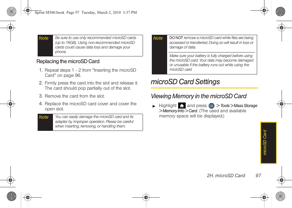 Microsd card settings, Viewing memory in the microsd card | Samsung SPH-M560BLASPR User Manual | Page 113 / 222