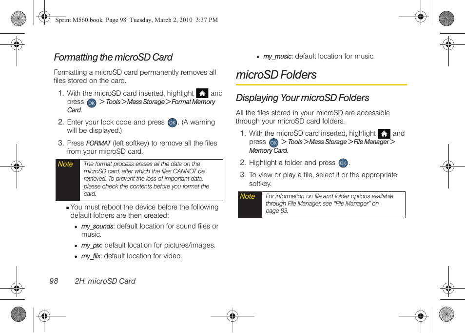 Formatting the microsd card, Microsd folders, Displaying your microsd folders | Samsung SPH-M560BLASPR User Manual | Page 114 / 222