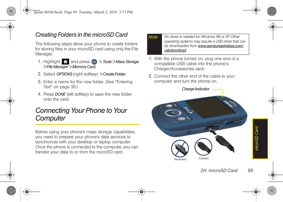 Creating folders in the microsd card, Connecting your phone to your computer | Samsung SPH-M560BLASPR User Manual | Page 115 / 222