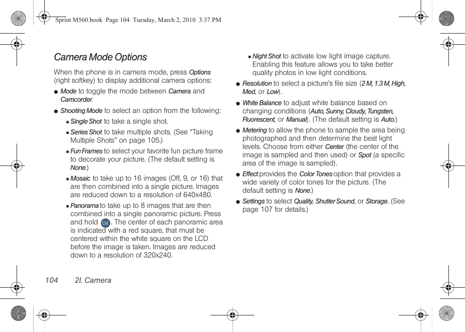 Camera mode options | Samsung SPH-M560BLASPR User Manual | Page 120 / 222