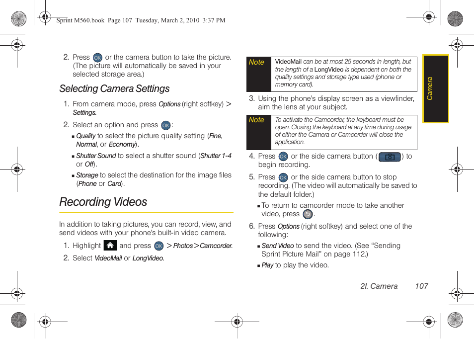 Selecting camera settings, Recording videos | Samsung SPH-M560BLASPR User Manual | Page 123 / 222