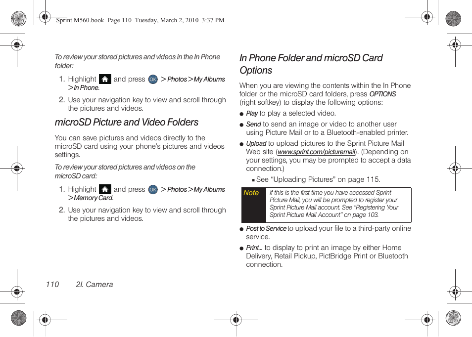 Microsd picture and video folders, In phone folder and microsd card options | Samsung SPH-M560BLASPR User Manual | Page 126 / 222