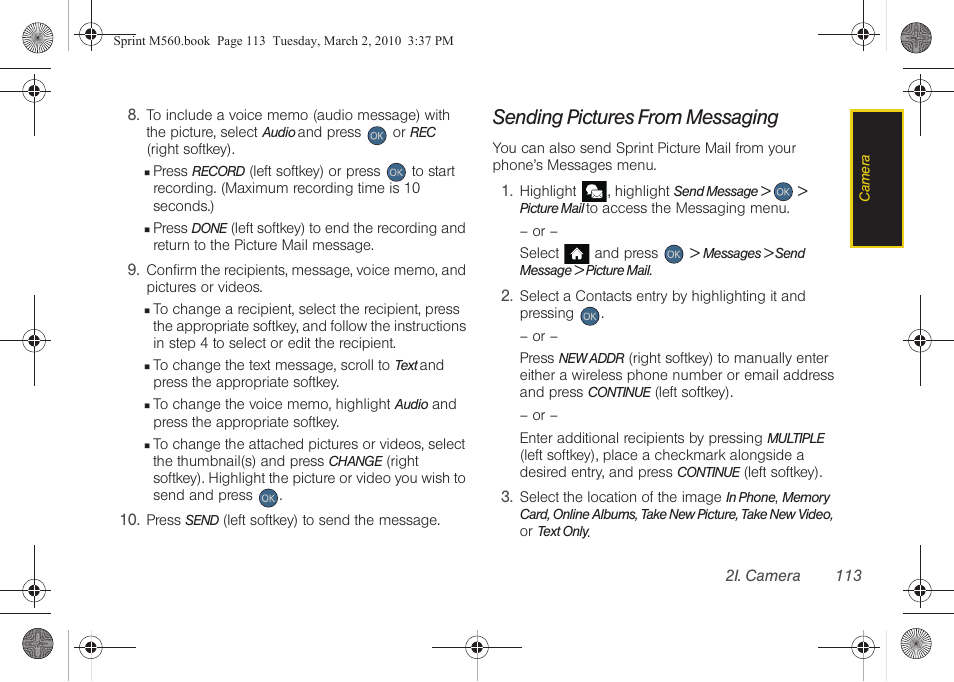 Sending pictures from messaging | Samsung SPH-M560BLASPR User Manual | Page 129 / 222