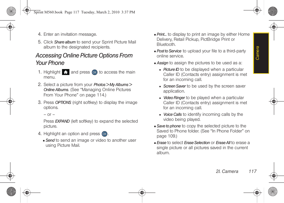 Accessing online picture options from your phone | Samsung SPH-M560BLASPR User Manual | Page 133 / 222