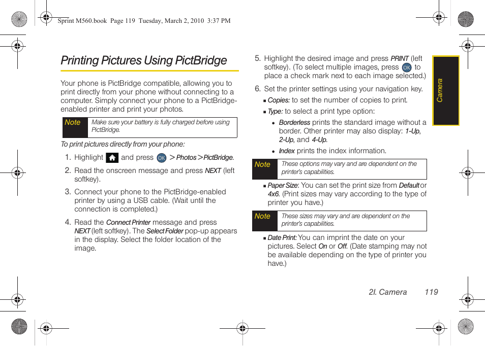 Printing pictures using pictbridge | Samsung SPH-M560BLASPR User Manual | Page 135 / 222